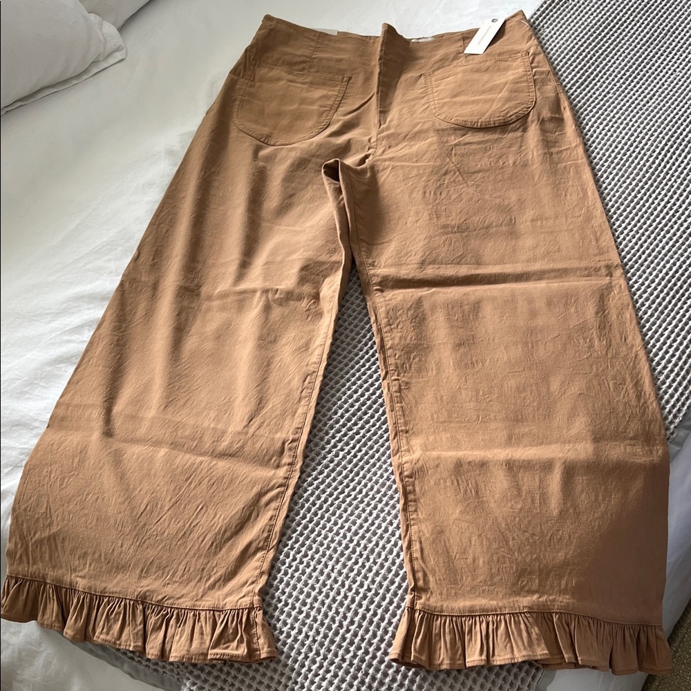 Maeve The Collette Magic brick ruffle hem wide leg pants, 31, camel